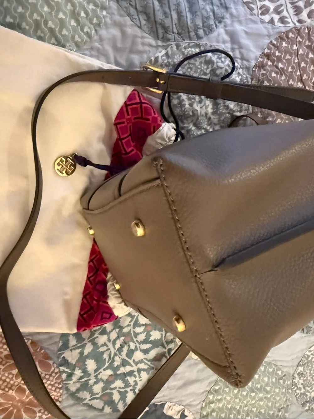 Tory Burch Taupe Pebbled Leather Mini Tote with Gold Hardware